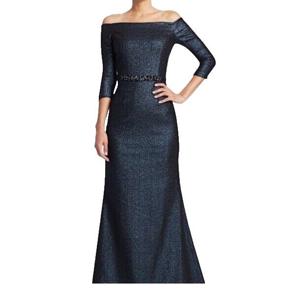 Rickie Freeman For Teri Jon Jacquard Off The Shoulder Gown Womens Size 16 - Picture 1 of 16